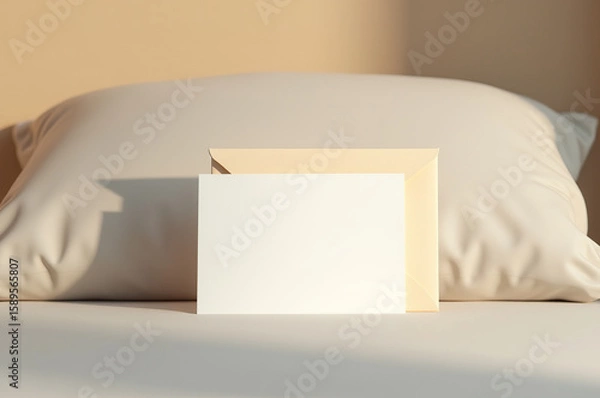 Obraz A blank white card and a soft beige envelope are positioned gently on a cream-colored pillow, creating a serene atmosphere perfect for writing heartfelt notes during a peaceful morning