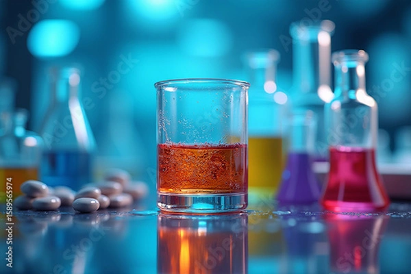 Obraz In a busy lab, a glass beaker with bright orange liquid rests on a shiny surface, surrounded by colorful flasks and bubbling experiments, evoking scientific wonder