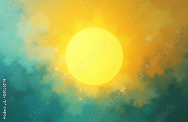 Obraz A vibrant golden sun radiates its light, peeking through a dreamy display of soft, colorful clouds during dusk. The captivating scene evokes a sense of calm and wonder