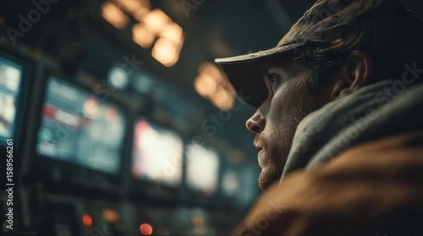 Fototapeta Man wearing a cap looking intently at screens in a dimly lit room