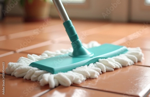 Obraz A bright morning illuminates freshly cleaned tiles in a cozy living area. A mop glides smoothly across the surface, ensuring a spotless finish. Sunlight enhances the warm atmosphere