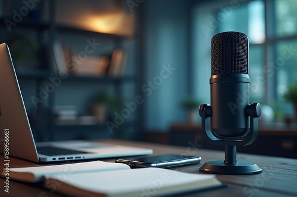 Obraz A modern workspace showcases a sleek microphone beside a laptop, surrounded by a notebook and phone. Soft evening light filters through the window, creating a tranquil atmosphere