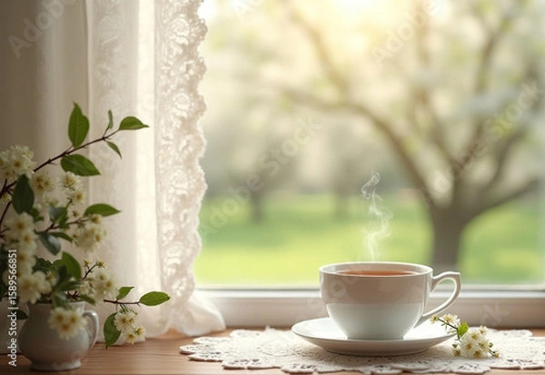 Obraz A cozy cup of steaming tea rests on a lace doily, surrounded by delicate flowers, while sunlight filters through a curtained window into a serene garden outside