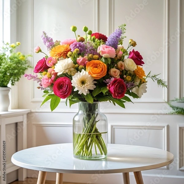 Obraz A colorful bouquet showcases a blend of seasonal flowers, including roses and daisies, elegantly arranged in a clear glass vase on a stylish table, enhancing the sunlit atmosphere