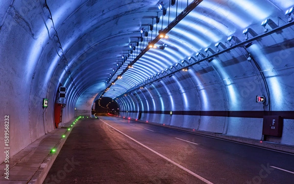 Fototapeta Illuminated modern road tunnel at night. Curved road tunnel lit with striking blue and white LED lights. Creating a vibrant visual effect. The clean asphalt and modern engineering.