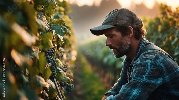 Fototapeta Farmer examining ripe grapes in a vineyard at sunrise with soft golden light