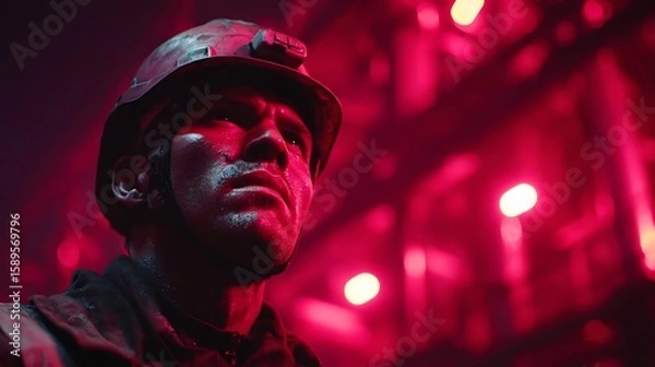 Fototapeta Miner with sweat and dirt on face illuminated by red light