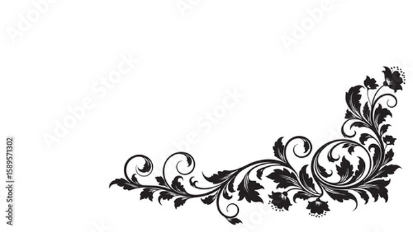 Fototapeta Ornate floral corner design with leaves and flowers in black and white, vector.