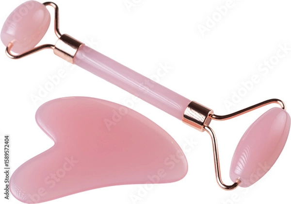 Fototapeta Pink Gua Sha massage tool on a white background, close-up. Rose Quartz jade roller.