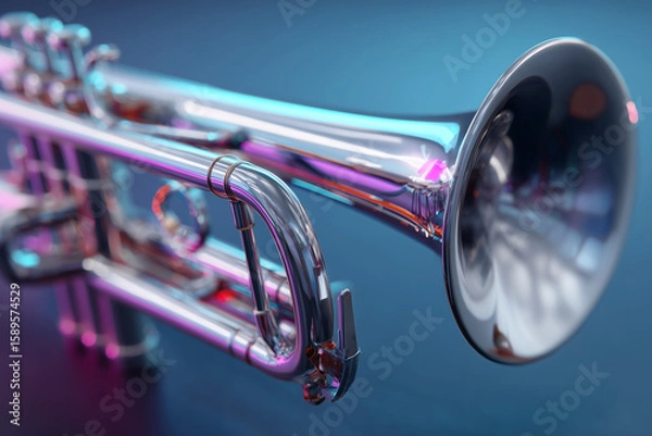 Fototapeta Close-up of a shiny silver trumpet with colorful reflections on a smooth blue surface background