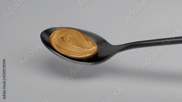 Obraz Minimal top view of spoon with golden-brown sauce over soft gray-white backdrop for food styling