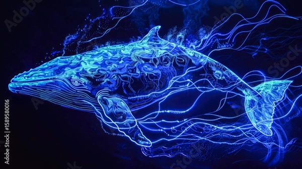 Obraz Surreal glowing whale formed by radiant light lines swims peacefully in a magical underwater realm.