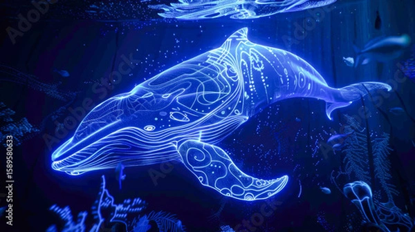 Obraz Magical whale made of light shapes glows beautifully against a surreal underwater backdrop