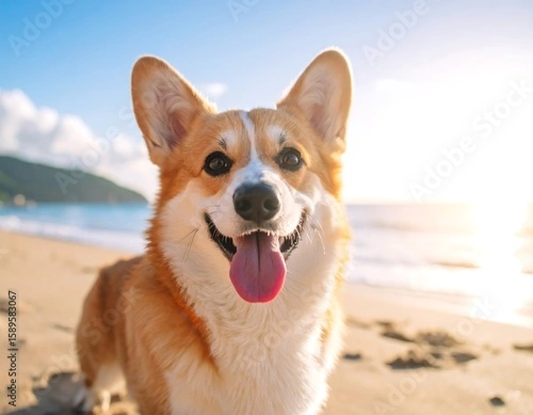 Obraz Happy corgi on a sunny beach (2)