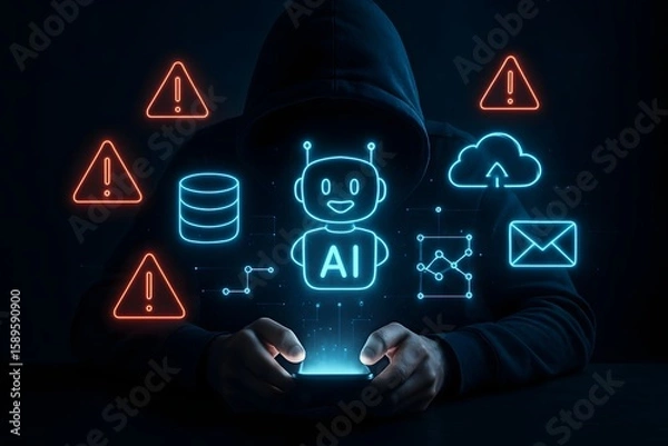 Fototapeta Hacker controlling ai with glowing digital icons on a dark background