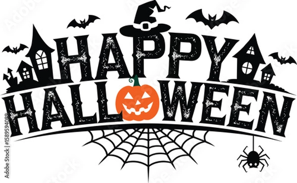 Obraz Happy Halloween typography with Pumpkin, Bats, Spider Web, vector illustration