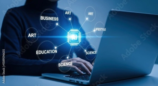 Fototapeta Person using laptop with artificial intelligence concepts displayed