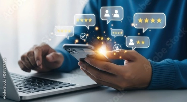 Fototapeta Customer reviews and ratings are displayed on a mobile phone screen