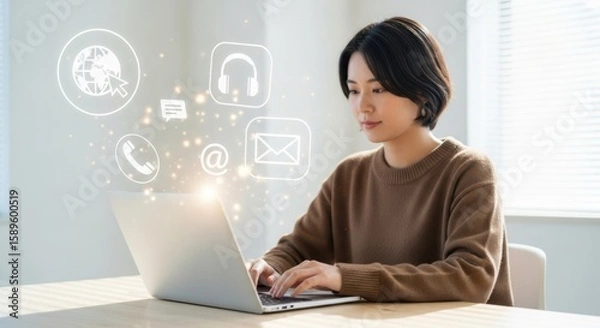 Fototapeta A woman working on a laptop with communication icons displayed