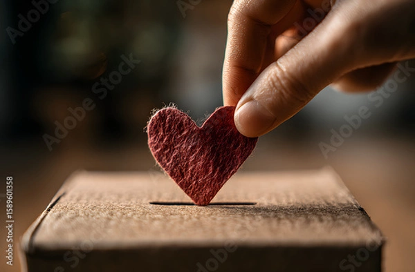 Fototapeta Female hand putting red paper heart donation box slot. Charity, help, love, gratitude, election, giving concepts. Support, kindness, compassion, contribution, caring, generosity, humanitarian causes,