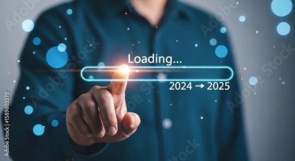 Fototapeta A finger touching a loading bar for the year 2025
