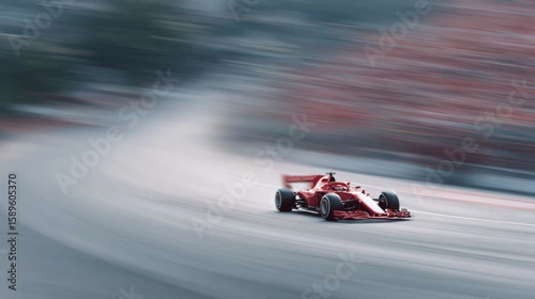 Fototapeta Motion blur captures a red formula racing car speeding on a track. Powerful vehicle symbolizes ambition, competition, and adrenaline. Ideal for automotive, sports, or business concepts.