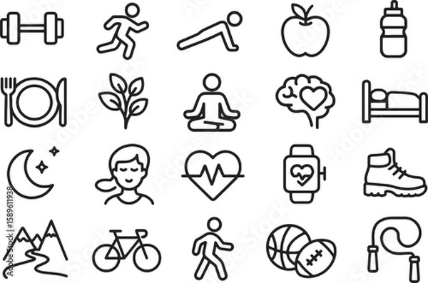 Obraz Wellness Icon Set – Outline Vector Symbols of Health & Self-Care