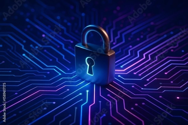 Fototapeta Digital security padlock on glowing cyber circuit board network
