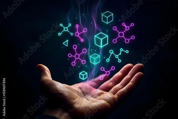 Fototapeta Human hand holding glowing digital network and molecular structures in darkness