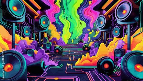 Obraz Vibrant music-themed environment with colorful speakers and abstract soundwaves creating an energetic atmosphere