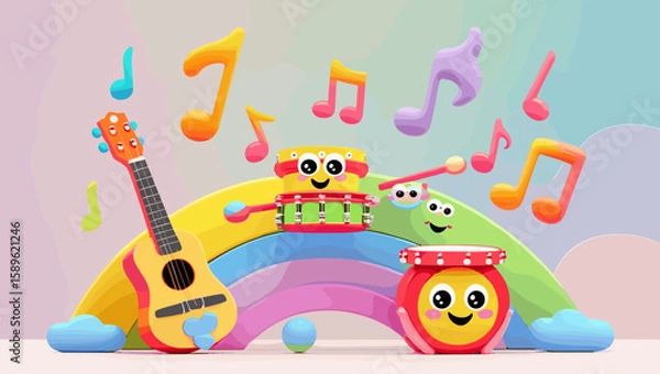 Obraz Colorful musical toys including a guitar and drums on a playful rainbow backdrop with musical notes