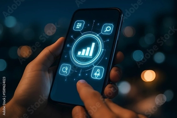 Fototapeta Hand holding smartphone displaying glowing digital analytics and business icons