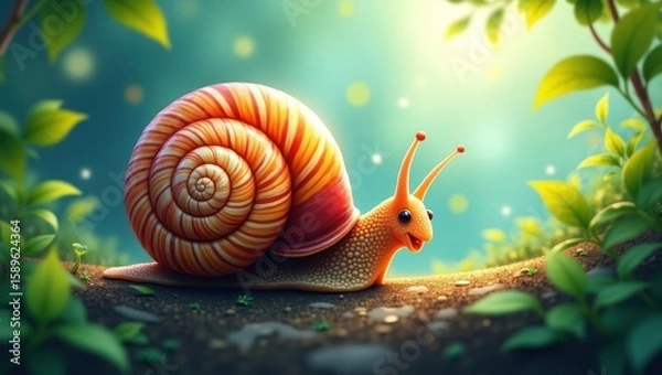 Fototapeta Colorful snail in a lush forest scene