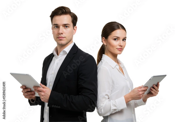Fototapeta Students with Tablets: Back-to-Back Collaboration, Isolated on Transparent Background PNG.