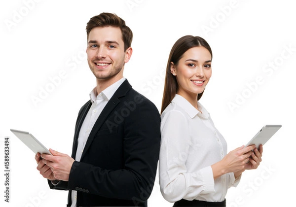 Fototapeta Students with Tablets: Back-to-Back Collaboration, Isolated on Transparent Background PNG.