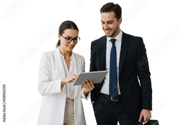 Fototapeta Office Employees Using a Tablet in Formal Attire: Man and Woman Collaborating, isolated on a Transparent Background (PNG).
