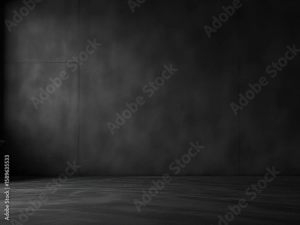 Fototapeta Dramatic lighting enhances textured black wall with subtle paneling and gradient floor, showcasing minimalist design