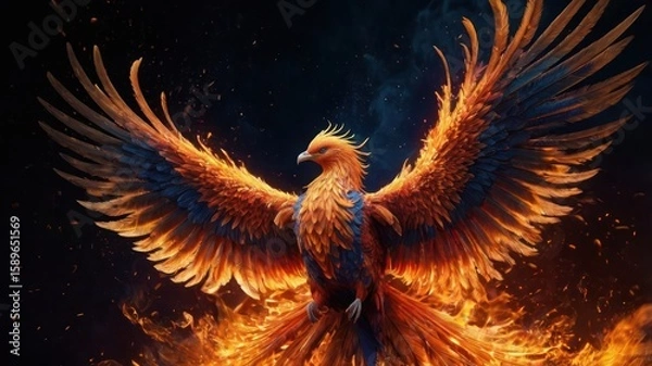 Fototapeta Fiery phoenix with outstretched wings in flames