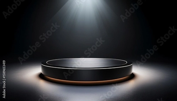 Obraz a dramatic isolated and sleek black circular platform intensely illuminated by a sharp focused overhead light source
