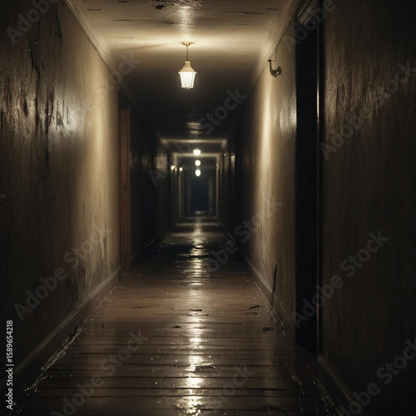 Obraz narrow moody corridor with vintage sconce and soft yellow illumination