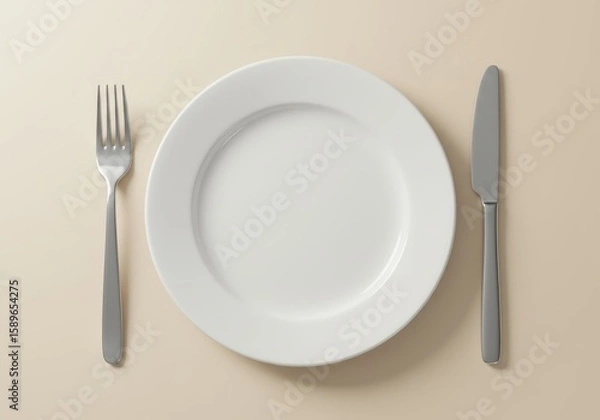 Fototapeta Empty Plate Top View on Table Minimalist Food Mockup Restaurant Dining Setting