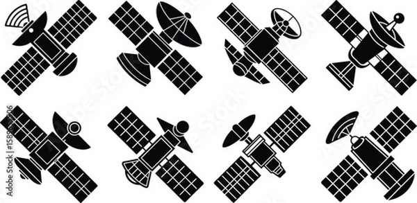 Fototapeta Satellite Icon Set in Black Silhouette Vector Illustration on transparent background