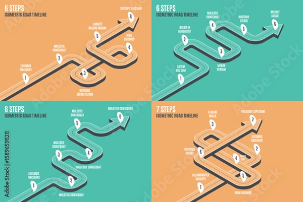 Fototapeta Isometric navigation map infographic 6-7 steps timeline concept.