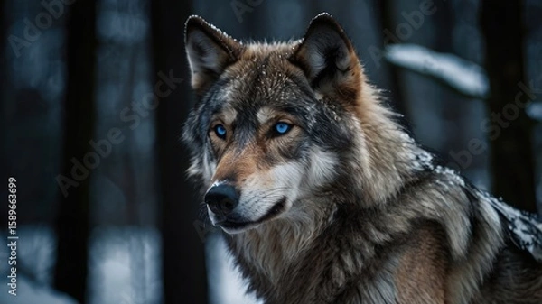 Fototapeta Close-up of wolf with striking blue eyes in snowy forest