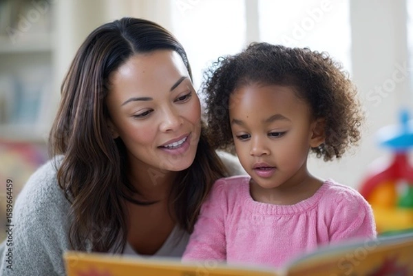 Fototapeta Adoptive mother reading a multicultural children's book to her 4-year-old daughter in a bright playroom with toys, representing diverse family life and bonding.