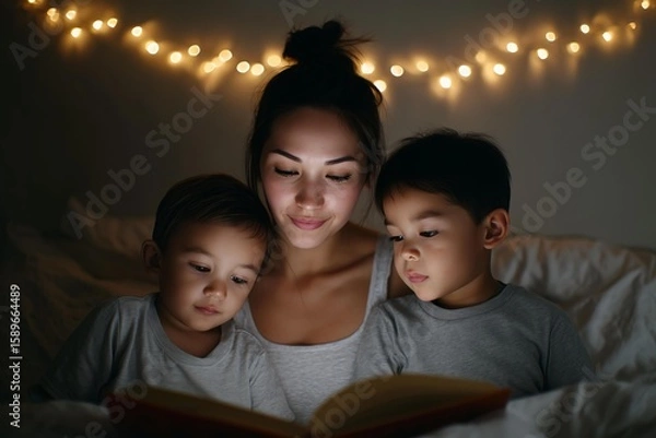 Fototapeta Asian mother reading bedtime story to twin boys in cozy, dimly lit bedroom with fairy lights and soft shadows, capturing an intimate family moment in photojournalistic style.