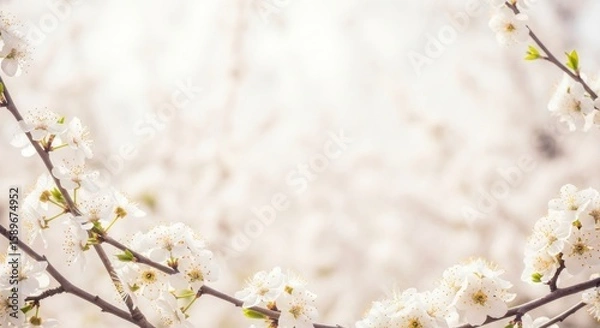 Fototapeta Delicate white blossoms on branches create a soft natural background for spring