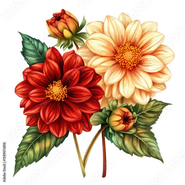 Obraz Flowers dahlia spring plants, cluster of spring dahlias in various hues, isolated on transparent background