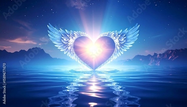 Obraz Heart with wings over water at dawn