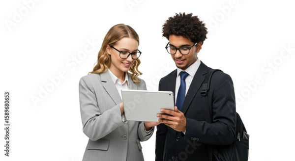 Fototapeta Young caucasian businesswoman in grey suit and middle eastern businessman in dark suit, both with glasses, smiling and looking intently at a silver tablet on a transparent background with copy space,